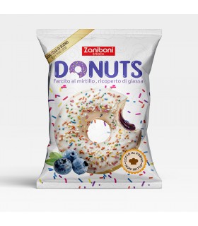 DONUTS FARCITO AL MIRTILLO E RICOPERTO DI CIOCCOLATO BIANCO  DA 60G CARTONE DA 18 PZ.