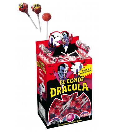 lecca lecca chupa el conte dracula gusto ciliegia 9g ripieno con bubble gum expo da 200 pz.