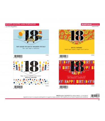 Biglietti Compleanno 18 ANNI Marpimar PORTASOLDI CON FOIL OLOGRAFICO conf.12 pz. assortiti