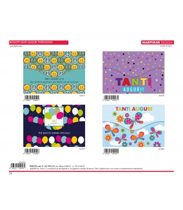 BIGLIETTO TANTI AUGURI PORTASOLDI MARPIMAR CON FOIL ORO CONF. 12 PZ. ASSORTITI