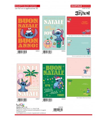 BIGLIETTO BUON NATALE STITCH MARPIMAR CON FOIL ORO E APPLICAZIONI 3DCONF. 12 PZ. ASSORTITI