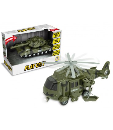PLAY CITY MEZZI MILITARI ELICOTTERO E CARRO ARMATO A FRIZIONE LUCI E SUONI SCALA 1:20 TEOREMA GIOCHI