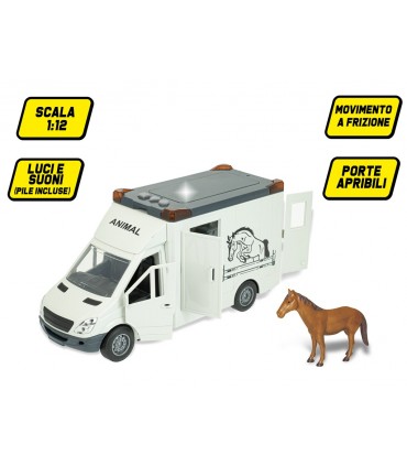 PLAY CITY MEZZI TRAILER TRASPORTO CAVALLI LUCI E SUONI MOVIMENTO A FRIZIONE CON PORTE APRIBILI SCALA 1:12 TEOREMA GIOCHI
