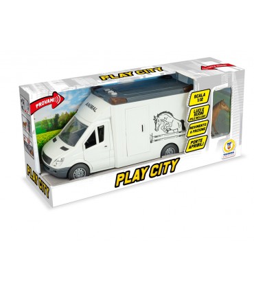 PLAY CITY MEZZI TRAILER TRASPORTO CAVALLI LUCI E SUONI MOVIMENTO A FRIZIONE CON PORTE APRIBILI SCALA 1:12 TEOREMA GIOCHI