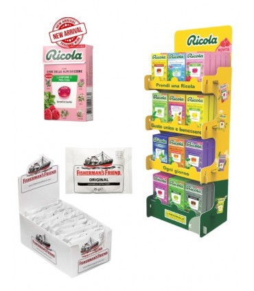 EXPO RICOLA JUICY CON GUSTO NUOVO MELISSA&LAMPONE da 70PZ.+24PZ.  FISHERMAN ORIGINAL