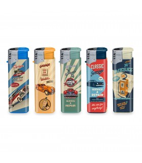 Accendino Elettronico Atomic TURBO RETRO GARAGE  conf. 50 pz. assortiti con 5 GRAFICHE.