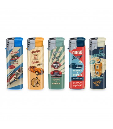 Accendino Elettronico Atomic TURBO RETRO GARAGE  conf. 50 pz. assortiti con 5 GRAFICHE.