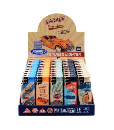 Accendino Elettronico Atomic TURBO RETRO GARAGE  conf. 50 pz. assortiti con 5 GRAFICHE.