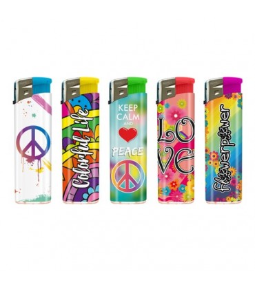 Accendino ELETTRONICO Atomic PEACE AND LOVE conf. 50 pz. assortito con 5 grafiche