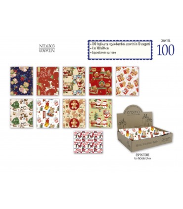 Carta Regalo Natalizia Cromo  conf. 100 fogli Fantasie BAMBINI 10 soggetti assortiti