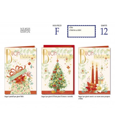 biglietto DI NATALE CROMO CON LAVORAZIONE IN ORO E RILIEVO INTERNO A COLORI conf. 12 pz. assortiti