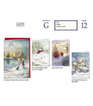 biglietto DI NATALE CROMO CON LAVORAZIONE IN ORO E RILIEVO INTERNO A COLORI conf. 12 pz. assortiti