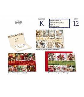 biglietto DI NATALE CROMO portasoldi CON Bustina interna LAVORAZIONE IN ORO E RILIEVO INTERNO A COLORI conf. 12 pz. assortiti