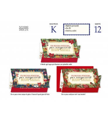 biglietto DI NATALE CROMO portasoldi LAVORAZIONE IN ORO E RILIEVO INTERNO A COLORI conf. 12 pz. assortiti