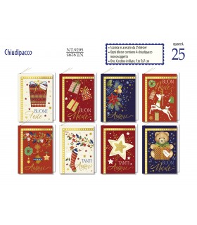 CHIUDIPACCO di NATALE CROMO CON GLITTER e CORDINO  scatola in acetato da 25 blister con 4 PZ. assortiti