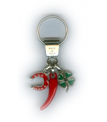 Corno Portafortuna in Metallo Artigianale e Smaltato a Mano Con Ferro di cavallo e Quadrifoglio IN ELEGANTE SCATOLA DA REGALO