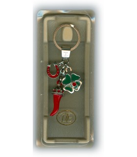 Corno Portafortuna in Metallo Artigianale e Smaltato a Mano Con ferro di Cavallo e Quadrifoglio IN ELEGANTE SCATOLA DA REGALO