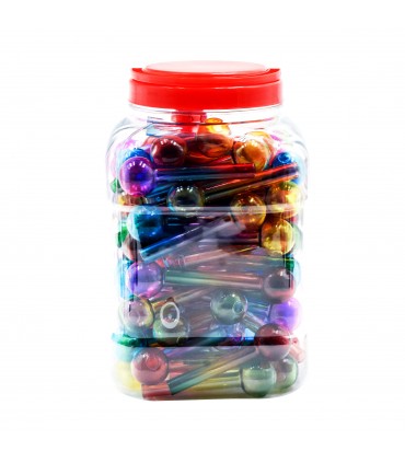 Pipette ATOMIC IN VETRO TRASPARENTE DA 10 CM. expo A BARATTOLO da 90pz.  IN 5 MOTIVI ASSORTITI