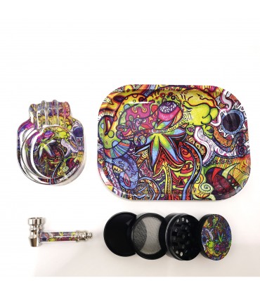 SET ATOMIC CON GRINDER IN METALLO A 4 PARTI diam. 50MM. PIPETTA E POSACENERE IN VETRO VASSOIO IN METALLO graffiti DESIGN