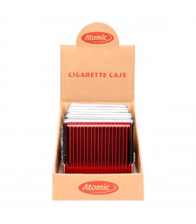 Portasigarette Atomic in Metallo CON CLIP METALLICA DIMENSIONI 80X95 MM Expo DA 6 pz. CON 6 COLORI ASSORTITI GRAFICA A RILIEVO
