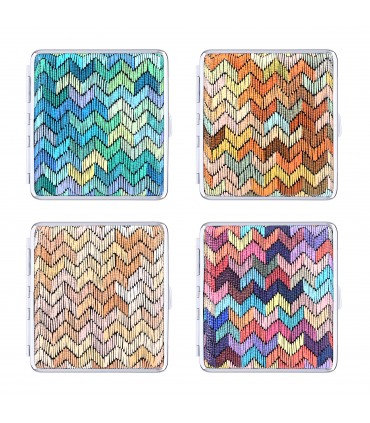 Portasigarette Atomic in Metallo CON ELASTICO DIMENSIONI 80X95 MM Expo DA 6 pz. CON 6 COLORI ASSORTITI GRAFICA A RILIEVO