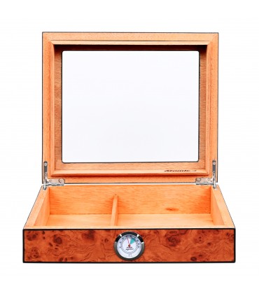 Umidificatore per Sigari ATOMIC  IN LEGNO DI CEDRO MARRONE CON IGROMETRO ESTERNO contiene fino a 20 SIGARI finestra in vetro