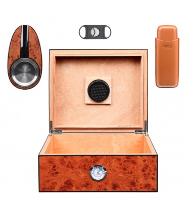 Umidificatore per Sigari ATOMIC  IN LEGNO DI CEDRO MARRONE CON IGROMETRO ESTERNO contiene fino a 20 SIGARI con Accessori