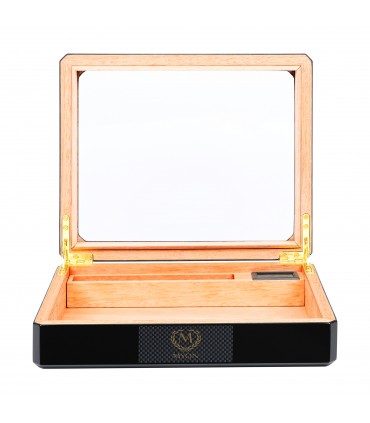 Umidificatore per Sigari MYON  IN LEGNO DI CEDRO fino a 15/25 SIGARI CON FINITURA NERO LUCIDO FINESTRA IN ACRILICO