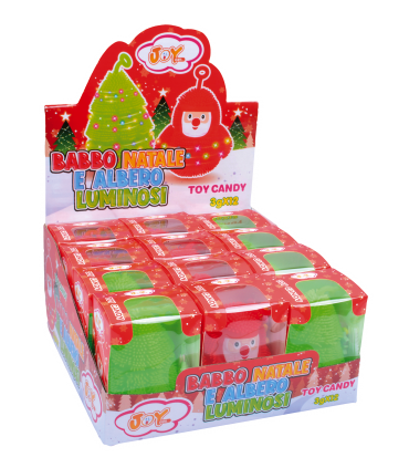 BABBO NATALE E ALBERO LUMINOSO IN GOMMA GIOCATTOLO CON GUSTOSE CARAMELLE ASSORTITE ALLA FRUTTA da 3g CONF. 12PZ