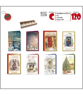 BIGLIETTO DI NATALE CROMO MIS. 8X13 CON LAVORAZIONE IN ORO CONF. 120 PZ. ASSORTITI CON 8 FANTASIE