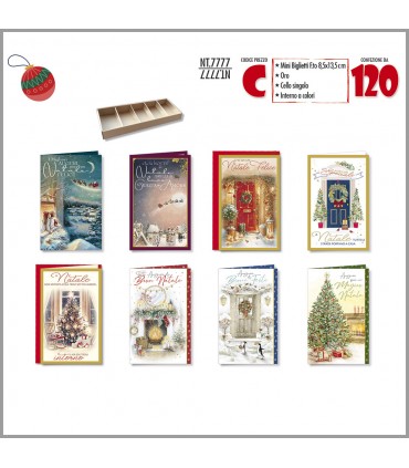 BIGLIETTO DI NATALE CROMO MIS. 8X13 CON LAVORAZIONE IN ORO CONF. 120 PZ. ASSORTITI CON 8 FANTASIE