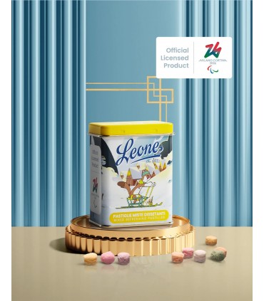 PASTIGLIE LEONE DISSETANTI COLLEZIONE olimpiadi milano-cortina 2026 lattina in metallo DA 30g CONF. DA 24 PZ. gusti assortiti