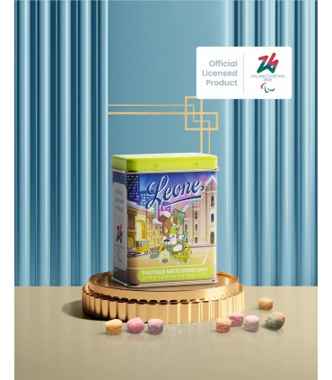 PASTIGLIE LEONE DISSETANTI COLLEZIONE olimpiadi milano-cortina 2026 lattina in metallo DA 30g CONF. DA 24 PZ. gusti assortiti