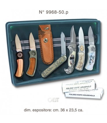 COLLEZIONE GEIT 12 COLTELLI CACCIA E PESCA E LAMA DI ACCIAIO CON ESPOSITORE IN VELLUTO E BARRA MAGNETICA ESTRAIBILE