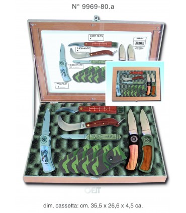 COLLEZIONE GEIT 12 COLTELLI VARI CON FODERO E LAMA DI ACCIAIO CON CASSETTA IN LEGNO E FINESTRA TRASPARENTE