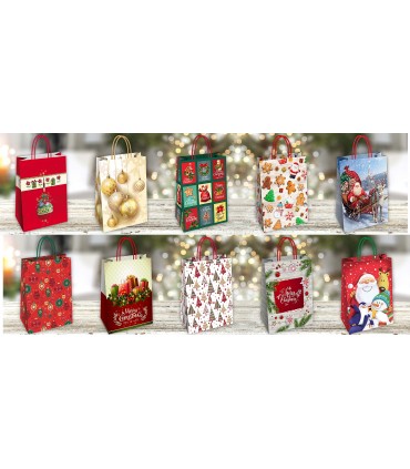 Buste Regalo Natale con Manico in Corda mis.54x14x50 cm cm  conf. 25 pz. ass. in 5 fantasie
