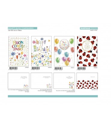 Biglietto Marpimar COMPLEANNO FLUO CON FOIL ORO E RILIEVO conf. 12 pz. assortiti