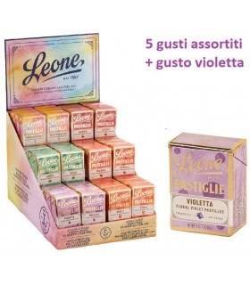 PASTIGLIE LEONE ALTOROTANTE  5 GUSTI ASSORTITI + GUSTO VIOLETTA IN SCATOLETTA DA 30G EXPO 36 PZ.