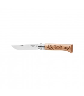 Coltello Chiudibile e Tascabile OPINEL con manico in Legno Di Faggio con incisione al laser e Lama in acciaio inox da 8,5 cm.