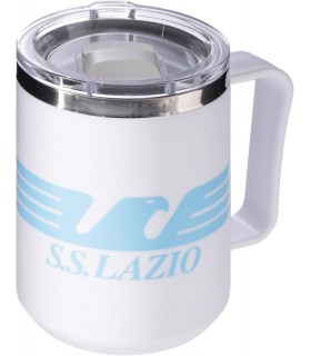 TAZZA TERMICA S.S. LAZIO CON IMPUGNATURA ERGONOMICA E CHIUSURA ERMETICA BIANCA CONF. IN SCATOLA