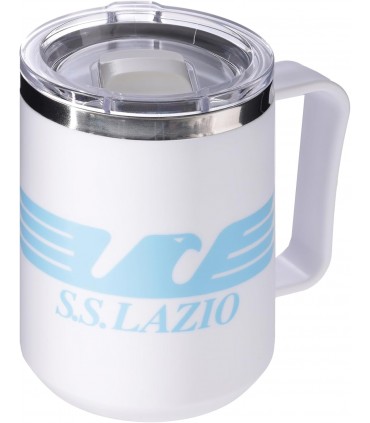 TAZZA TERMICA S.S. LAZIO CON IMPUGNATURA ERGONOMICA E CHIUSURA ERMETICA BIANCA CONF. IN SCATOLA
