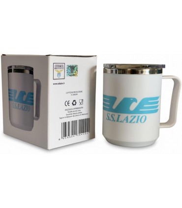 TAZZA TERMICA S.S. LAZIO CON IMPUGNATURA ERGONOMICA E CHIUSURA ERMETICA BIANCA CONF. IN SCATOLA
