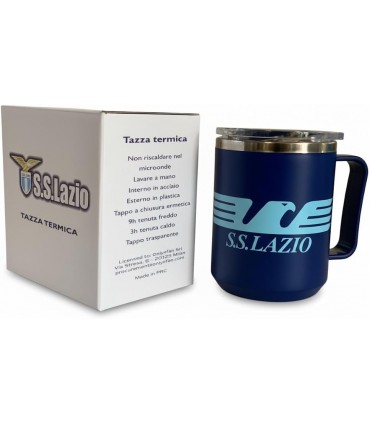 TAZZA TERMICA S.S. LAZIO CON IMPUGNATURA ERGONOMICA E CHIUSURA ERMETICA BLU CONF. IN SCATOLA