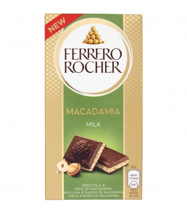 TAVOLETTA FERRERO ROCHER CON CIOCCOLATO AL LATTE E NOCCIOLA CON NOCI DI MACADAMIA DA 90G.
