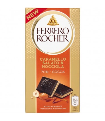 TAVOLETTA FERRERO ROCHER CON CIOCCOLATO FONDENTE EXTRA DARK 70% CARAMELLO SALATO E NOCCIOLE  DA 90G.