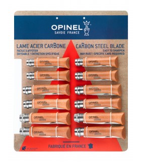 PANNELLO da 12 ColtellI ChiudibilI e TascabilI OPINEL con manico in Legno DI FAGGIO Lama in acciaio CARBON misure N8 N7 N6