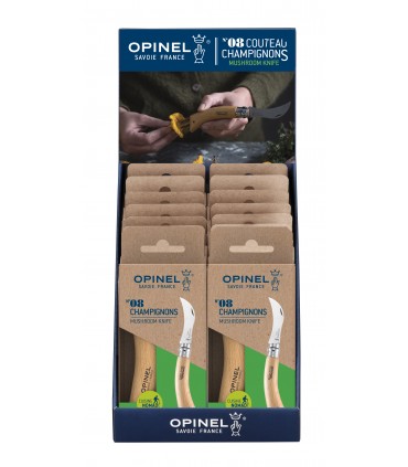 espositore da 12 ColtellI ChiudibilI e TascabilI OPINEL da funghi con manico in Legno DI FAGGIO Lama in acciaio inox misura n°8