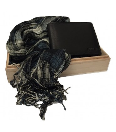 Parure Portafoglio + Pashmina Lancetti colore Nero confezionata in Scatola d Regalo in Legno