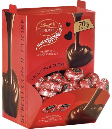CUORI LINDOR LINDT FONDENTE AL CACAO 70% DA 13.9g EXPO A BOCCA DI LUPO DA 1.6KG. (115 PZ.)