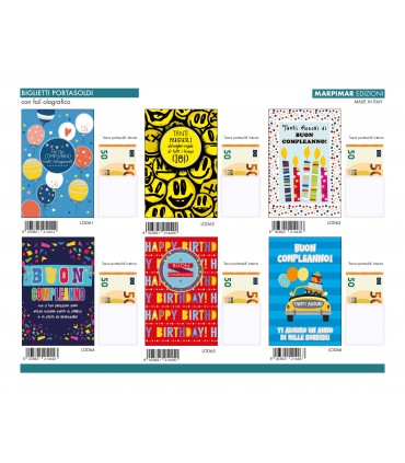 BigliettO Marpimar compleanno PORTASOLDI CON FOIL OLOGRAFICO conf. 12 pz. assortiti